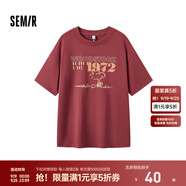 Semir[商場(chǎng)同款]史努比系列短袖T恤女中長(zhǎng)款印花2024新款純棉秋裝 酒紅60957 S