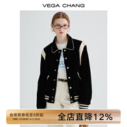 VEGA CHANG美式短外套女2025年秋季新款休閑學院風拼色棒球服外套 絲絨黑 M