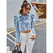 HUALIN FASHION58--女裝時(shí)尚歐美風(fēng)翻領(lǐng)牛仔休閑短款外套 淺藍色 XS