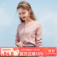 艾蓓怡（I BELIEVE YOU）杏色華夫格V領(lǐng)長袖上衣女內(nèi)搭正肩t恤2025春季新款別致修身打底衫 薔薇粉 XL