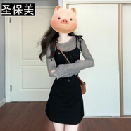 圣保美2025春秋季新款黑色赫本風(fēng)吊帶裙套裝內搭長(cháng)袖打底衫上衣女兩件套 【灰色上衣+黑色吊帶裙】套裝 S 碼