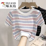啄木鳥(niǎo)（TUCANO）冰絲短袖T恤女裝夏季薄款針織衫2025年新款半袖條紋短款高腰上衣 白藍條 M