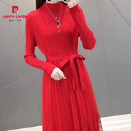 皮爾卡丹連衣裙女2025新款蕾絲網(wǎng)紗連衣裙中長(cháng)款A字裙百搭針織打底衫毛衣 紅色不帶腰帶 S