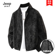 JEEP SPlRlT美式復古麂皮絨立領(lǐng)皮夾克男戶(hù)外防風(fēng)防水機車(chē)外套高級感棒球服潮 黑色【冬季夾棉款】 XL