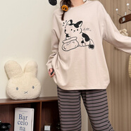 香雅馨 韓版睡衣女春秋長(cháng)袖棉質(zhì)寬松家居服兩件套裝夏季甜美V領(lǐng)卡通貓咪 411906條紋小貓 2XL 130-150斤