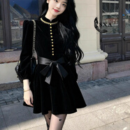 SXA香港潮牌赫本風(fēng)小黑裙女氣質(zhì)2025新款秋冬綁帶小個(gè)子金絲連衣裙 黑色連衣裙(配腰帶) S