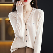 TOMMY JEANS湯米女士春秋V領(lǐng)開(kāi)衫純色羊毛外套女裝薄款百搭毛衣針織衫 米色 M 建議90-100斤