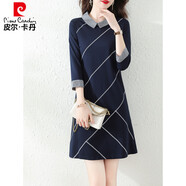 皮爾卡丹（pierre cardin）歐洲站2025春秋新款休閑寬松大碼遮肚子POLO領(lǐng)長袖打底裙連衣裙子 深藍(lán)色 S 建議80-100斤