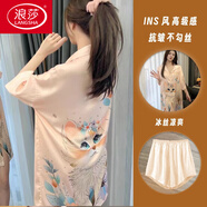 浪莎（LangSha）冰絲睡裙女夏季2025新款網(wǎng)紅純欲性感寬松短袖中長(cháng)款大碼襯衫睡衣 粉色貓咪+短褲 XL 170