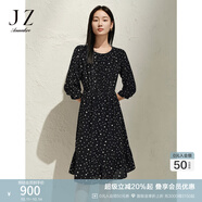 玖姿·安娜蔻法式波點桑蠶絲收腰七分袖荷葉邊連衣裙女2025春季新款 花黑 S