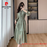 皮爾卡丹（pierre cardin）小眾設(shè)計復(fù)古甜美印花茶歇裙子秋季木耳邊燈籠袖松緊腰顯瘦連衣裙 圖片綠 S