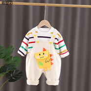 嬰兒秋季衣服男寶一歲半寶寶春秋季套裝新款男童秋裝背帶褲兩件套嬰兒童衣服1一3歲潮04 米白色 MXB恐龍?zhí)籽b 90