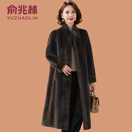 俞兆林（YUZHAOLIN）媽媽冬裝水貂絨皮毛一體大衣女加厚中老年女金貂絨彷皮草外套長版 深咖色 XL (參考90-105斤)
