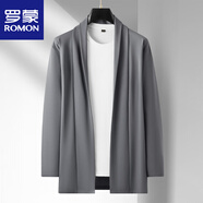 羅蒙（ROMON）大碼開(kāi)衫外套男春秋新款胖子寬松彈力風(fēng)衣男中長(cháng)款披風(fēng)上衣針織衫 灰色 2XL 【150-170斤】