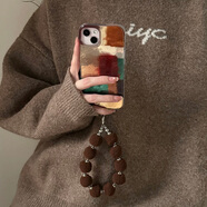 復古撞色方塊毛絨手提繩適用iPhone16promax蘋(píng)果15手機殼12華為p7 iPhone 14 Pro IMD漩渦殼棕紅拼色光油