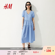 H&M女裝連衣裙2025秋季新款泡泡袖度假風(fēng)V領(lǐng)植物印花長裙1287800 淺藍色 XL 175/116
