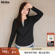 MsShe【長(cháng)袖假兩件針織衫】大碼女裝2025秋裝胖mmT恤遮肚巨顯瘦毛衣 長(cháng)袖【V領(lǐng)】黑色現貨 4XL