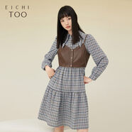 愛(ài)居兔（EICHITOO）秋季新款過(guò)膝面料復(fù)古時(shí)尚收腰假兩件格子拼接連衣裙深棕鑲拼08S 155/80A/S