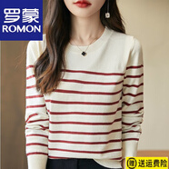 羅蒙（ROMON）羊毛衫新款黑白條紋針織衫春秋毛衣橫條紋女長袖打底時尚寬松圓領(lǐng) 官方旗艦杏漸紅條紋 S 90-100斤