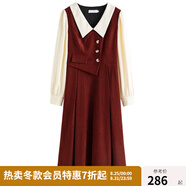 獨束大碼女裝假兩件撞色襯衫領(lǐng)連衣裙女秋冬微胖mm文藝復古穿搭裙子 勃艮第紅【適合160左右】 L