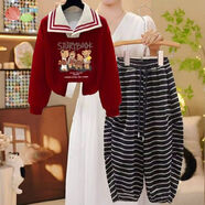貝貝怡（Bornbay）女童秋季巨好看polo領(lǐng)衛衣套裝2025新款春裝洋氣時(shí)髦中大童燈籠褲 磚紅衛衣+條紋褲 130