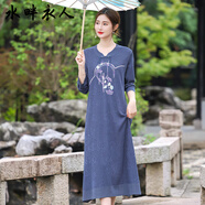 水畔衣人高檔大碼新中式旗袍裙女胖mm200斤過膝長款針織連衣裙打底毛衣裙 霧藍(lán)色 L