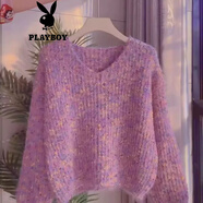 花花公子（PLAYBOY）慵懶風(fēng)感彩色點(diǎn)點(diǎn)毛衣女2025秋冬V領(lǐng)套頭短款加厚上衣針織衫 紫色官方旗艦版 S 建議85斤-95斤