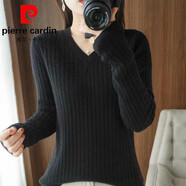 皮爾卡丹（pierre cardin）高端品牌品牌折扣女裝專(zhuān)柜撤柜羊毛加厚毛衣女寬松大碼純色V領(lǐng)針 皮爾卡丹   黑色 S 建議90斤以下