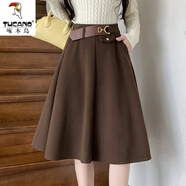 啄木鳥(niǎo)赫本風(fēng)傘裙咖色毛呢半身裙女秋冬新款中裙到膝蓋高腰a字氣質(zhì)裙子 咖色 M