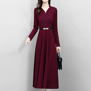 紀菲施洛（GIFISHLOW）氣質(zhì)正式場(chǎng)合端莊V領(lǐng)高腰秋冬打底長(cháng)袖連衣裙 酒紅色 【現貨可退換】 3XL