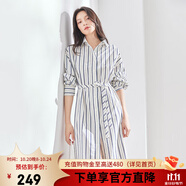 艾萊依（ERAL）裙子女藍(lán)色連衣裙新款女夏季長(zhǎng)袖氣質(zhì)優(yōu)雅襯衫裙時(shí)尚收腰長(zhǎng)裙 白底條紋 S 155/80A