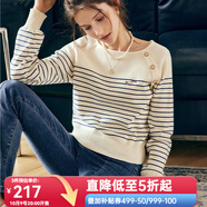 Olrain法式杏色條紋套頭針織衫女春裝寬松撞色復古上衣 杏色 170/92A/XL