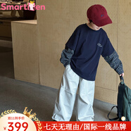 Smartiden國際品牌2025男童秋款帥氣小狗印花中小童上衣時(shí)尚格子假兩件兒童 藏青色 100 cm