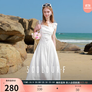 三彩獨醒2025夏季新款荷葉邊連衣裙無袖系帶收腰A字裙長裙F 云朵白 XL 170/92A