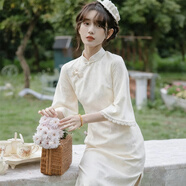 鉑吶苓旗袍女新中式2025秋季新款高級感改良裙開(kāi)叉訂婚敬酒禮服連衣裙 民國風(fēng)旗袍【杏色】 M