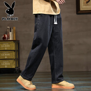 花花公子牛仔褲男士春季新款美式百搭潮牌寬松直筒男褲闊腿休閑長(cháng)褲子男款 336黑色 加絨 3XL 【（36-37碼 體重165-180斤】