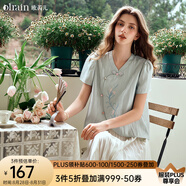 Olrain歐芮兒新中式雪紡衫女裝夏季新款國(guó)風(fēng)繡花襯衫 碧波藍(lán) L
