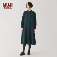 無印良品（MUJI）女式 法蘭絨 立領長袖連衣裙 女裝裙子 襯衫式 秋季 深綠色 S (155/80A)
