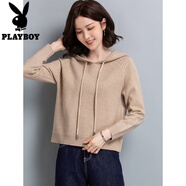 花花公子（PLAYBOY）2025年秋季新款純色針織衛(wèi)衣女短款套頭洋氣連帽長(zhǎng)袖寬松毛衣外套 暖杏 XL 建議115-125斤
