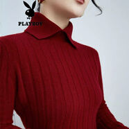 花花公子（PLAYBOY）早秋冬季長(cháng)袖針織衫POLO衫娃娃領(lǐng)毛衣百搭修身顯瘦黑色洋氣上衣 酒紅色官方旗艦版 S (90斤內)