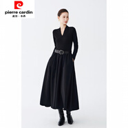 皮爾卡丹設計感V領(lǐng)長(cháng)袖連衣裙女2025秋季收腰顯瘦配皮帶針織拼接氣質(zhì)長(cháng)裙 黑色 L