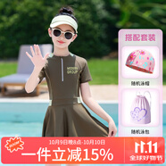 回力兒童泳衣女童女孩連衣裙中大童溫泉速干泳裝四件套34124軍綠L