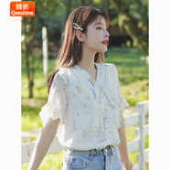 婍妡短袖雪紡上衣女新款雪紡衫2025夏季時(shí)尚小衫碎花荷葉邊v領(lǐng)上衣 主圖款 L (有里布106-115斤 )