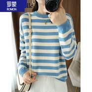 羅蒙（ROMON）女裝條紋毛絨針織衫女寬松慵懶套頭新款洋氣秋冬保暖長(cháng)袖圓領(lǐng)毛衣 天藍 M