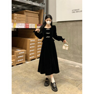 燕潯新中式法式感絲絨連衣裙女秋冬大碼胖mm收腰顯瘦紅色敬酒禮服 黑色連衣裙(輕奢感/2025新款/梨型身材/超好看 L (建議100-120斤)