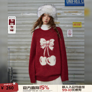 UNIFREE甜美少女感蝴蝶結櫻桃撞色提花寬松圓領毛衣 紅色 S