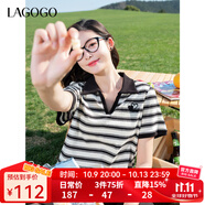 LAGOGO撞色花邊條紋T恤女拉谷谷2025年夏新款POLO領純棉寬松短袖 黑米 XL