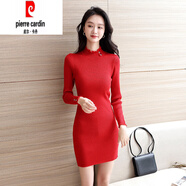 皮爾卡丹（pierre cardin）秋加厚半高領(lǐng)中長(cháng)款毛衣裙包臀修身顯瘦蕾絲拼接打底毛線(xiàn)針織衫 9135紅色 S