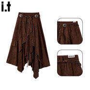 :CHOCOOLATE  it女裝裙子咖色麂皮絨半身裙女2025秋冬不規(guī)則荷葉邊A字中長(zhǎng)裙 焦糖棕 M