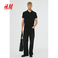 H&M男裝Polo衫秋季薄款正肩商務通勤風翻領時尚短袖上衣0956343 黑色 XL 180/116